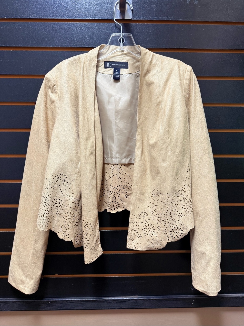INC International Concepts Faux Suede Laser Cut Open Front Jacket Medium Beige